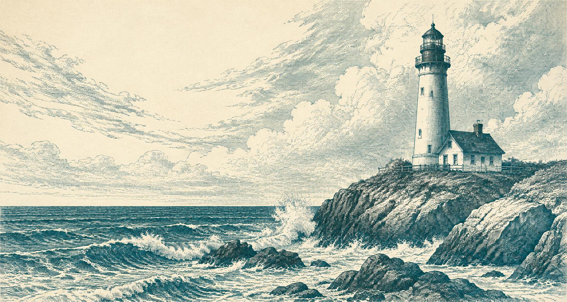 Engraved lighthouse on a rocky coast